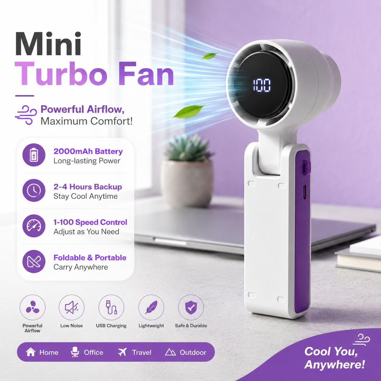 Portable Mini Turbo Fan Rechargeable USB Handheld Fan 2000mAh Battery