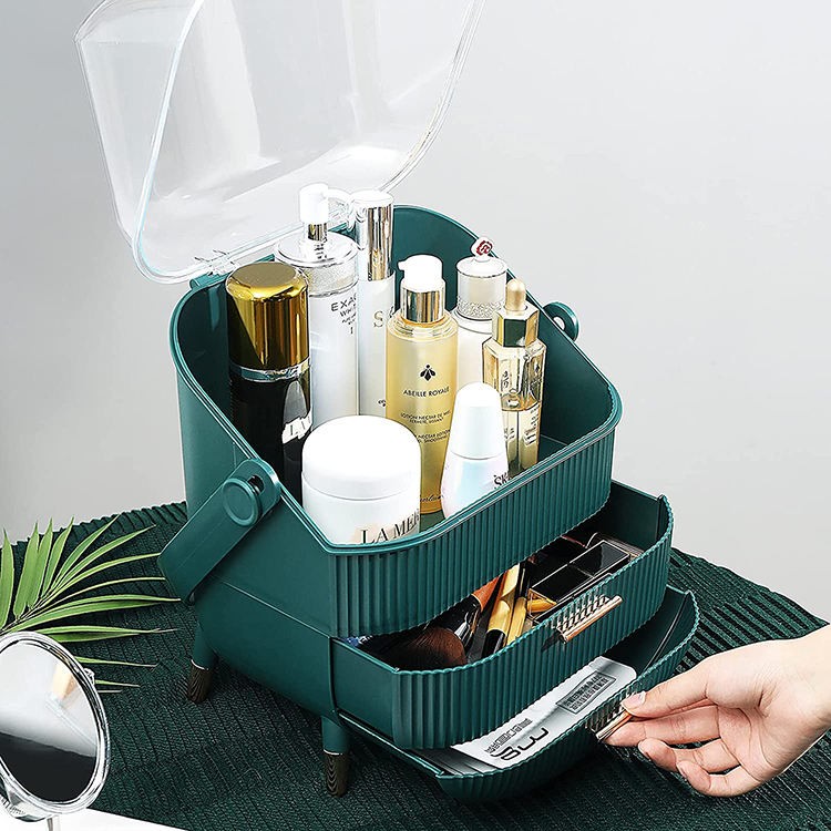 Dust-Proof Large Capacity Makeup Storage Box With Handle