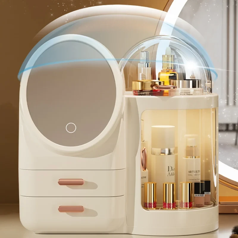 High-Grade Dustproof Dressing Table Desktop Cosmetics Storage Box With Mirror & LED Light